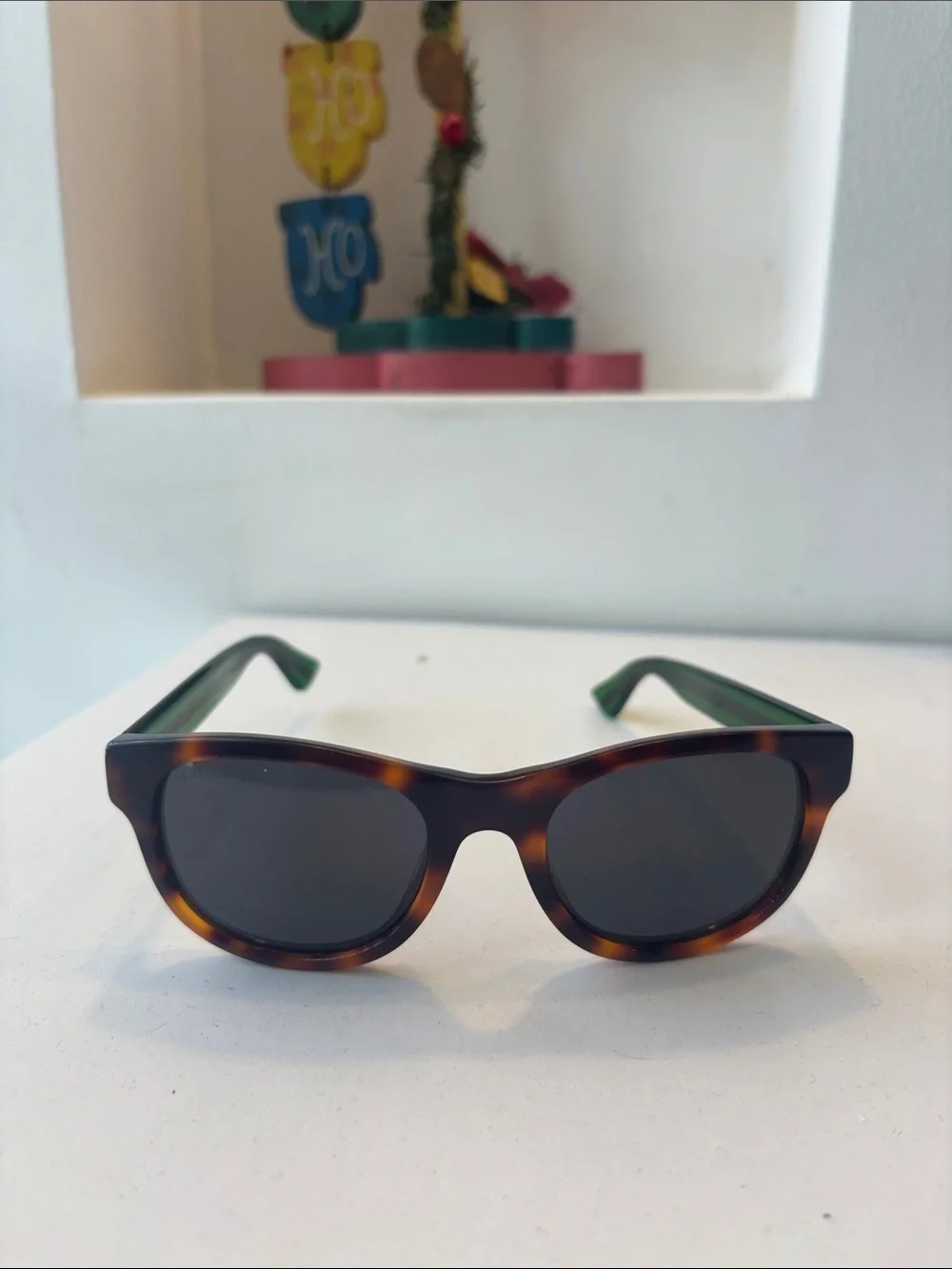 Gucci Tortoiseshell Frame Sunglasses with Green and Red Stripes